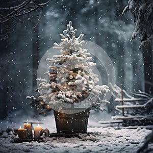 Woodland Christmas Magic: Beautiful Potted Christmas Tree in the Enchanted Forest