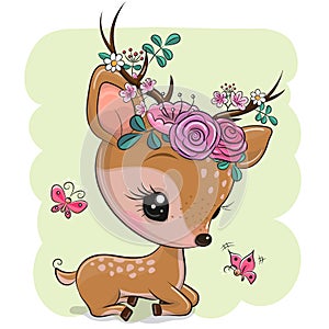 Woodland Deer with flowers and butterflies on a green background