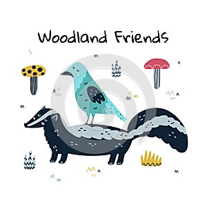 Woodland friends funny print with a skunk and a crow. Cute card with forest characters