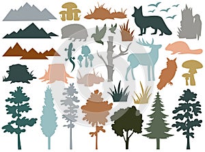 Woodland landscape plants, birds and animals inhabitants silhouettes set vector illustration