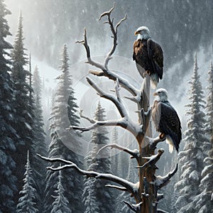 Woodland Scene Winter Landscape AI Generated Wilderness Forest American Bald Eagles Snowing Canada
