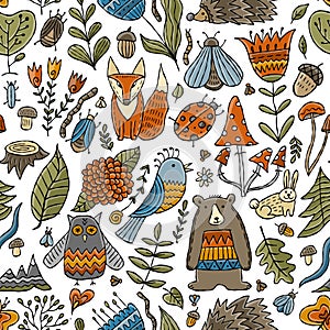 Woodland seamless pattern background. Forest animals in cartoon style. Ideas for kids design - wrapping, textile, fabric