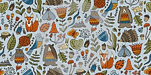 Woodland seamless pattern background. Forest animals in cartoon style. Ideas for kids design - wrapping, textile, fabric