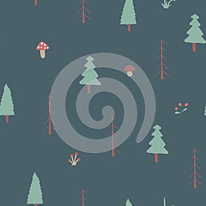 Woodland Seamless pattern, Forest background. Cute cartoon trees and plants vector illustration