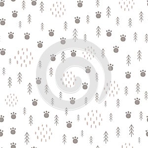 Woodland seamless pattern Scandinavian animal paw, forest tree. Light baby surface Kids wildlife background