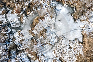 Woodland swamp in winter. aerial view of forest landscape