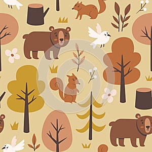 Woodlife Bear & Squirrel Seamless Pattern