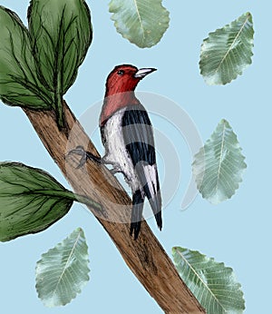 Woodpecker bird illustration drawn in pen with digital color photo