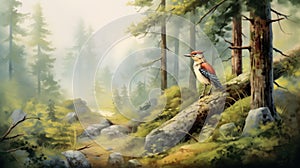 Woodpecker perched on forest log in misty morning. Wall art wallpaper