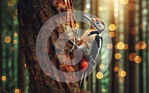 A woodpecker uses its beak to peck at the bark of a tree. In a perfect forest, birds perch on trees