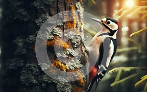 A woodpecker uses its beak to peck at the bark of a tree. In a perfect forest, birds perch on trees