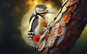 A woodpecker uses its beak to peck at the bark of a tree. In a perfect forest, birds perch on trees