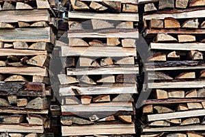 Woodpile lies in a heap, chopped for burning in a furnace. Finely chopped and stacked firewood, background. Laid dry