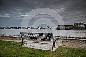 Woodrow Wilson Bridge on a cloudy day, spanning the Potomac River between Maryland and Virginia