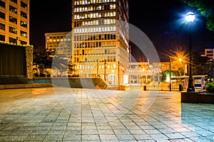 Woodruff Park and buildings at night in downtown Atlanta, Georgia.