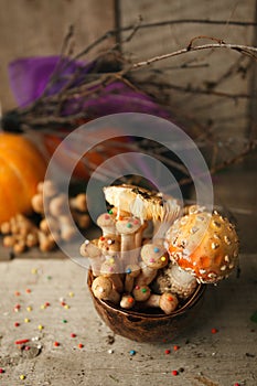 Woods, fairy tales & mysterious creature concept - poisonus mushrooms in the cup with confectionary decor on wooden table, magic