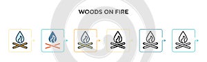 Woods on fire vector icon in 6 different modern styles. Black, two colored woods on fire icons designed in filled, outline, line