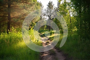 woods path forest evening sunny grass green trees shadow landscape summer woodland forest road the