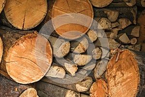 Woodshed with logs. An alternative source of thermal energy for heating the house.