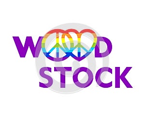 Woodstock lettering and hippie peace symbols with rainbow for t shirt print, party poster and other design on white background