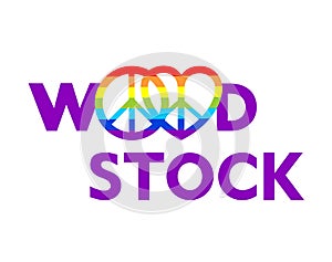 Woodstock lettering and hippie peace symbols with rainbow for t shirt print, party poster and other design on white background photo