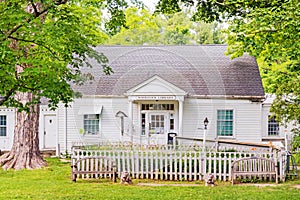 Woodstock library with two lions in front