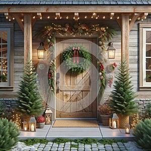 Woodsy Country Home Front Pine Entrance Door Decorations Christmas Holiday Celebrating Season Wreath AI Generate