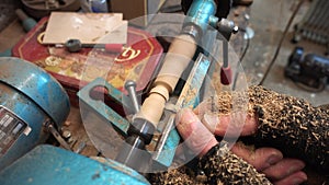 Woodturning and lathe in action. Craftmanship and skill.