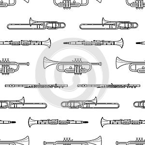 Woodwind instruments hand drawn outline seamless pattern