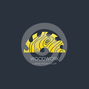 Woodwork and carpentry logo emblem concept. Circular saw with wooden rings texture, vector label icon design