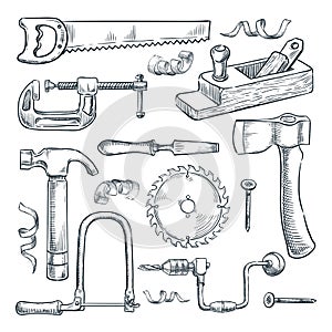 Woodwork and carpentry tools set. Vector sketch illustration. Wood material and furniture industry design elements