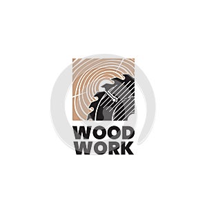Woodwork logo design template. Saw blade on a wood texture.