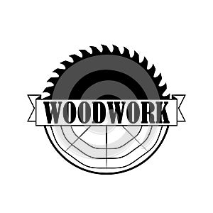 Woodwork logo with ribbon. Wooden log and circular saw. Vector for carpentry, lumberjack, woodcraft, sawmill service.