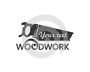 Woodwork logo template. Simple emblem with a hand saw in one color.