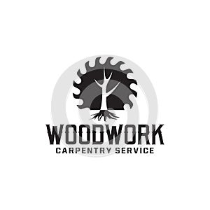 Woodwork saw and tree logo design