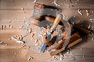 Woodwork tools on table.