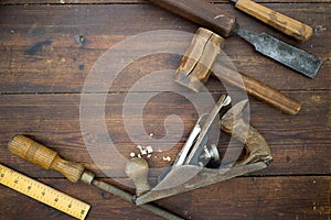 Woodwork tools on a table, flat lay overhead