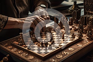 woodworker handcrafting an intricate chess set with fine woods and metals