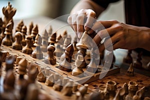 woodworker handcrafting intricate chess set from raw wood