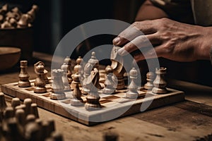 woodworker handcrafting intricate chess set from raw wood