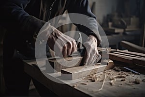 woodworker handcrafting wooden sign for storefront, with saw and hammer in view