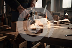 woodworker handcrafting wooden sign for storefront, with saw and hammer in view