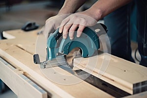 woodworker, sawing board to precise measurements with calibrated saw