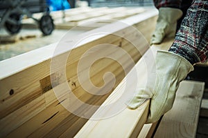 Woodworker Selecting Wood Beam For His Construction Project photo