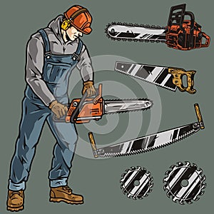 Woodworker and tools colorful elements set