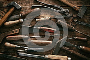 Woodworking background with vintage hand tools photo