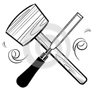 Woodworking and carpentry tools emblem logo vector. Mallet and chisel