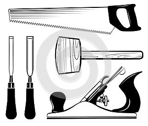 Woodworking and carpentry tools set vector. Mallet, jack plane, chisel, saw.