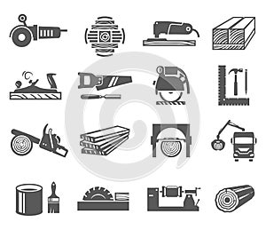 Woodworking industry bold black silhouette icons set isolated on white. Carpentry, joinery tools.