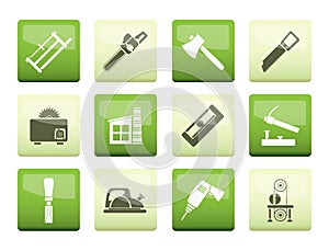 Woodworking industry and Woodworking tools icons over color background